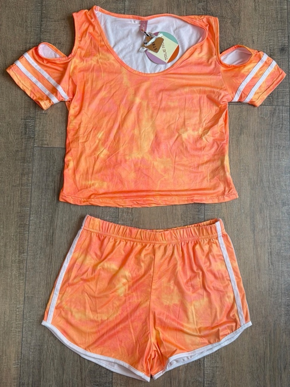 TRUE ROCK Orange Tie-Dye Cold-Shoulder Athletic Shorts Set